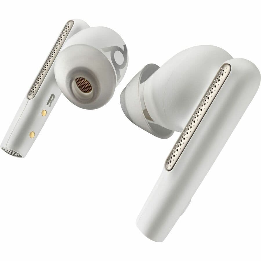 Poly Voyager Free 60 UC M white sand wireless earbuds with BT700 USB-C adapter