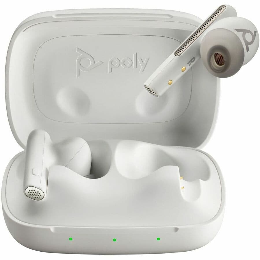 Poly Voyager Free 60 UC true wireless earbuds with BT700 USB-A adapter and charge case in White Sand