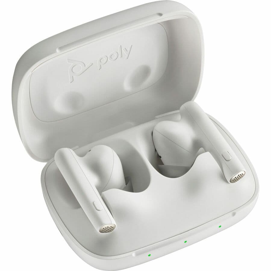 Poly Voyager Free 60 UC earbuds with BT700 USB-C adapter and basic charge case in White Sand