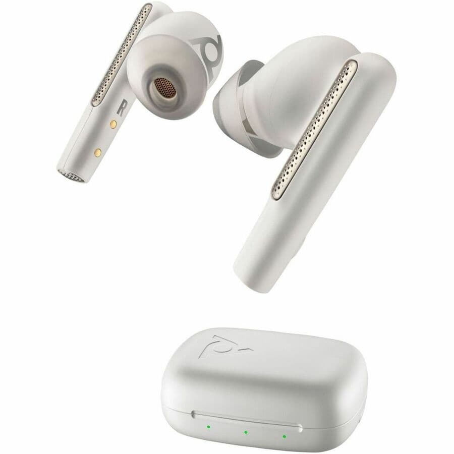 Poly Voyager Free 60 UC true wireless earbuds with BT700 USB-A adapter and charge case in White Sand