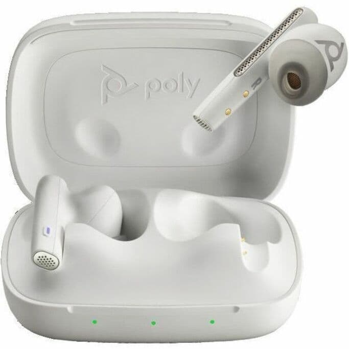 Poly Voyager Free 60 UC M White Sand wireless earbuds with BT700 USB-A adapter