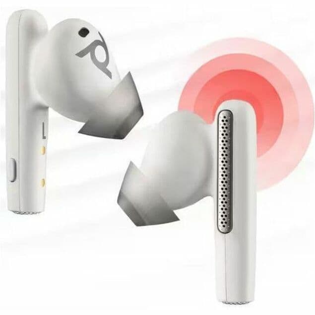 Poly Voyager Free 60 UC earbuds with BT700 USB-C adapter and basic charge case in White Sand