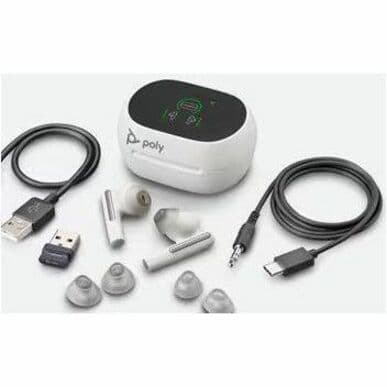 Poly Voyager Free 60 UC earbuds with BT700 USB-C adapter and basic charge case in White Sand