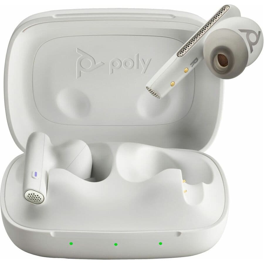 Poly Voyager Free 60 UC M white sand wireless earbuds with BT700 USB-C adapter