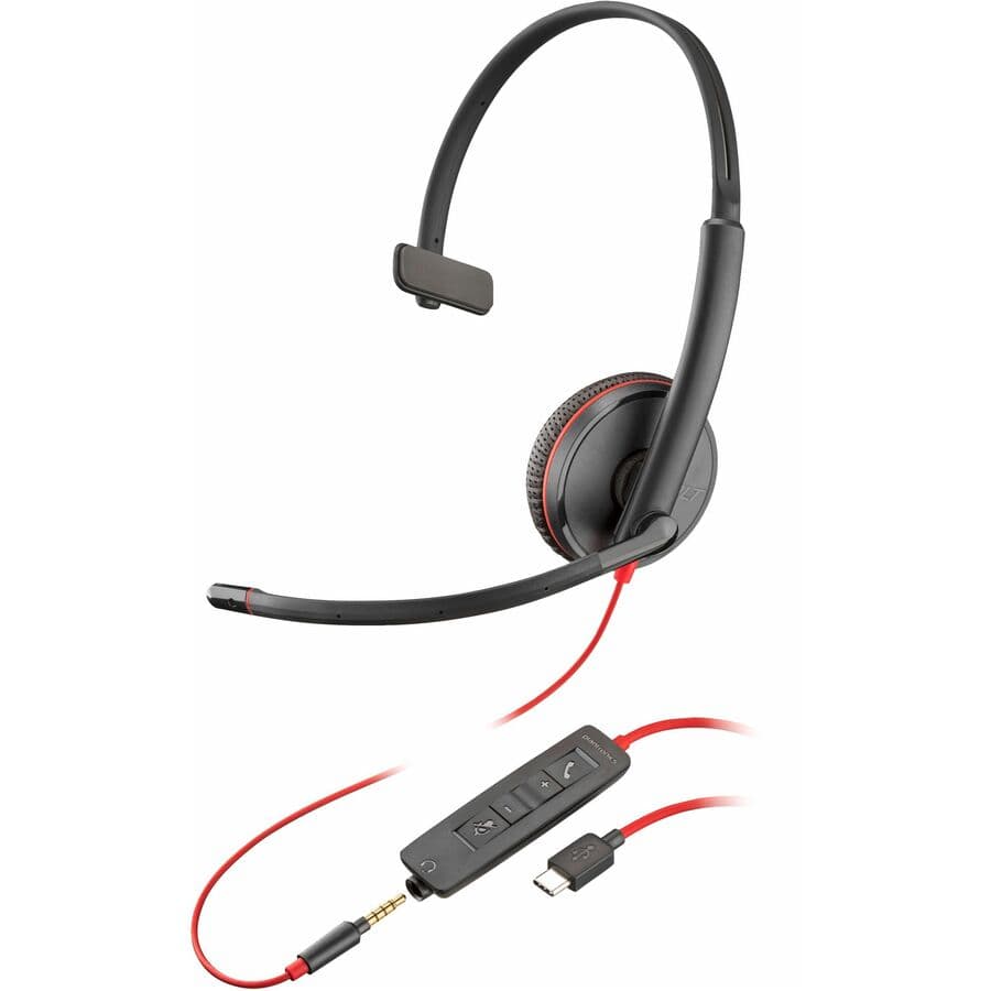 Poly Blackwire 3215 wired mono headset with USB-C and USB-A connectivity, black finish