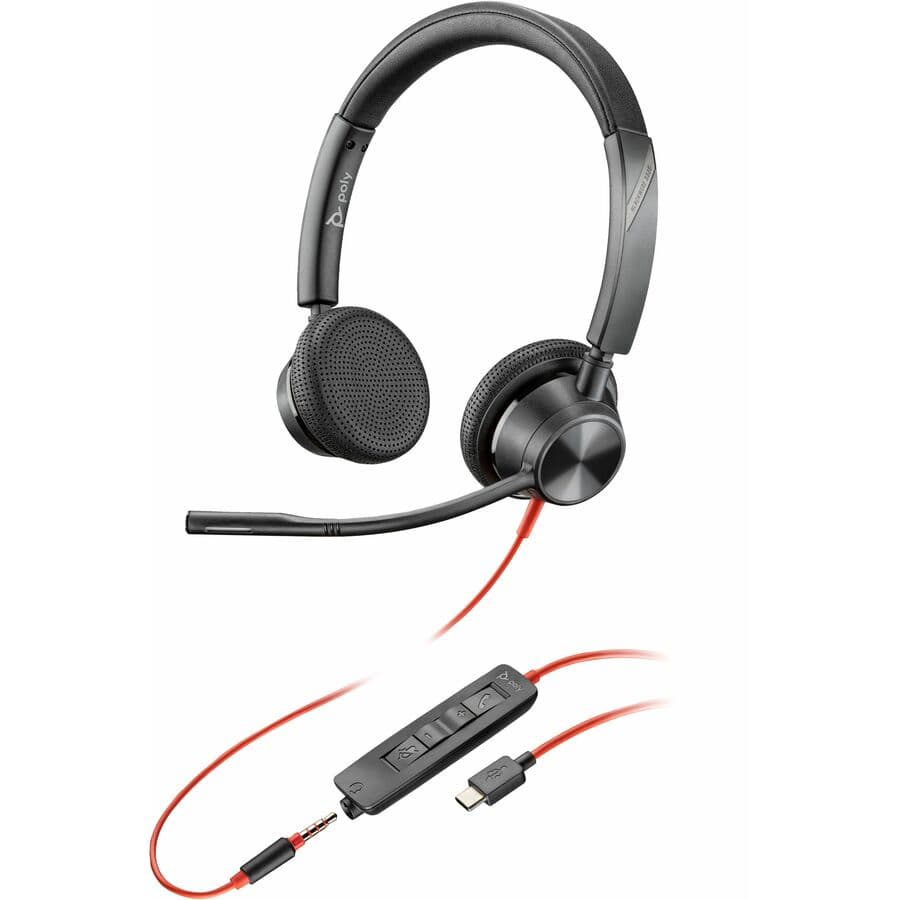Poly Blackwire 3325 wired mono headset with USB-C and USB-A connectivity, black finish