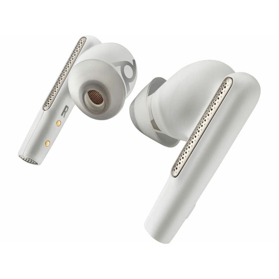 Poly Voyager Free 60 UC true wireless earbuds with BT700 USB-A adapter and charge case in White Sand