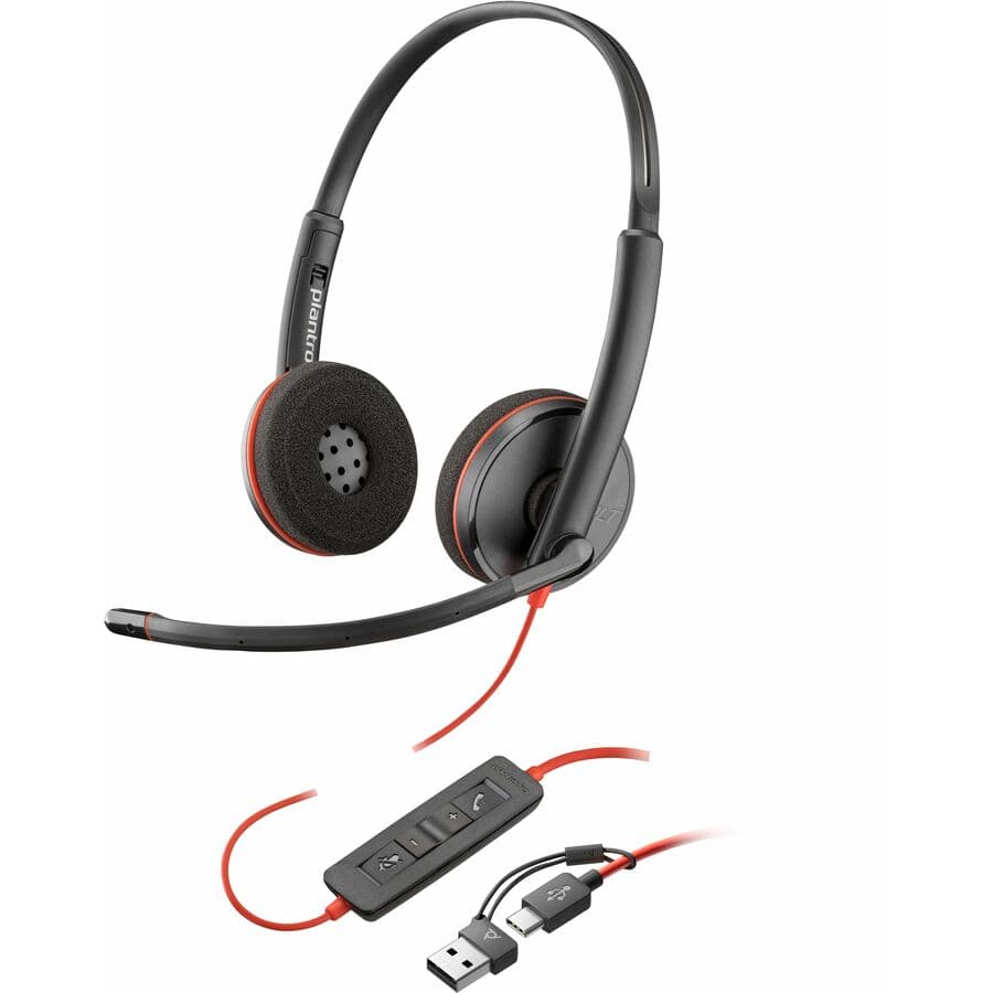 Poly Blackwire C3220 stereo wired USB-C headset in black with USB-C/A adapter