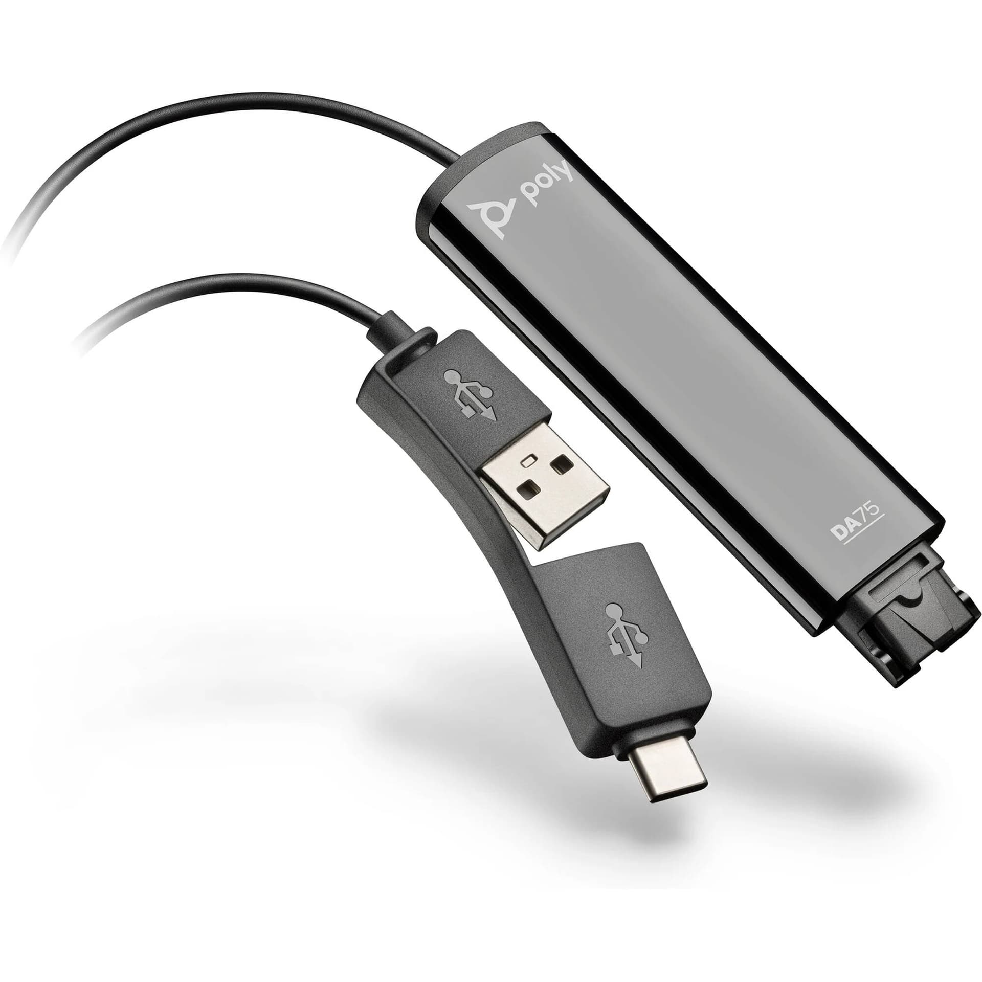 Poly DA75 USB to QD adapter in black for connecting Quick Disconnect headsets to USB workstations