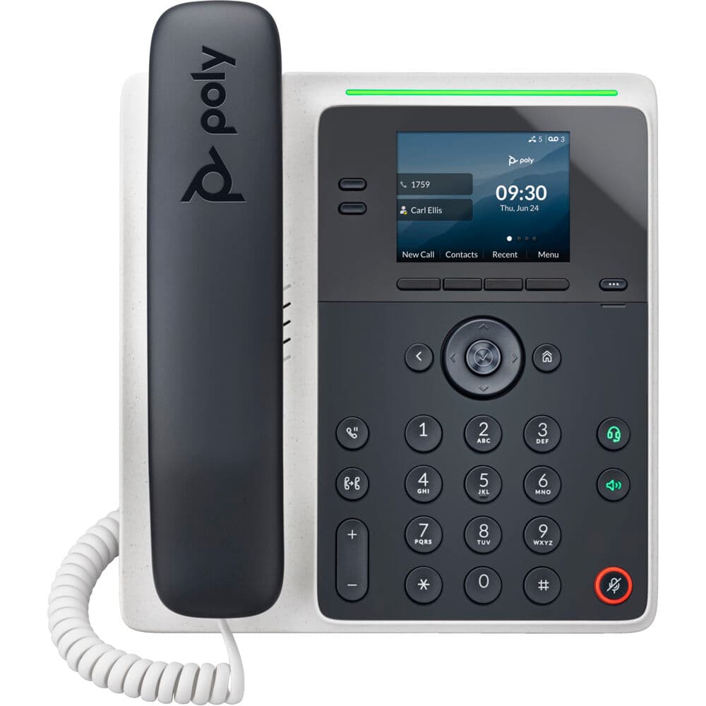 Poly Edge E100 IP desk phone for enterprise VoIP calling, PoE powered, black