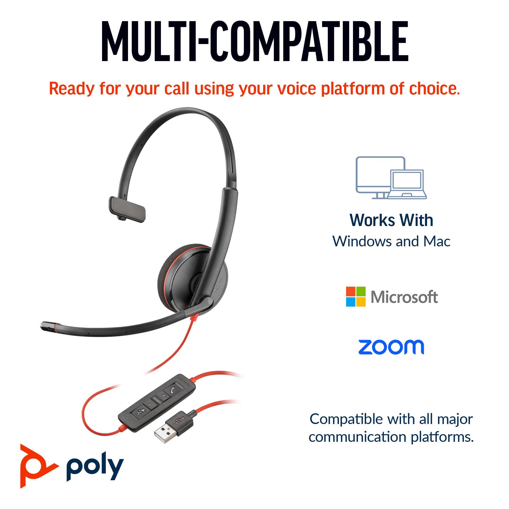 Poly Blackwire 3210 monaural wired USB-C headset with USB-C/A adapter