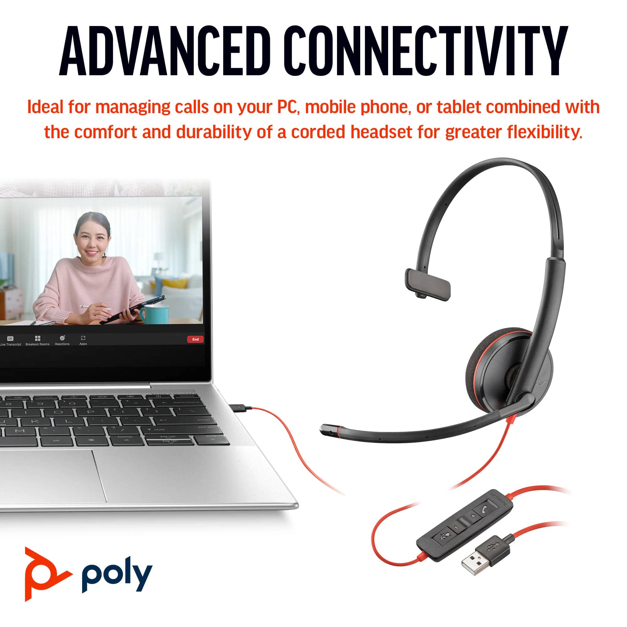 Poly Blackwire 3210 monaural wired USB-C headset with USB-C/A adapter