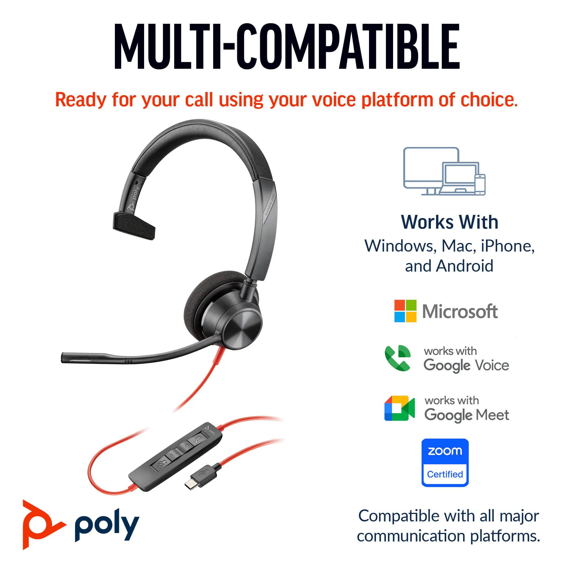 Poly BW3315 wired headset with USB-C, USB-A, and 3.5 mm connectivity