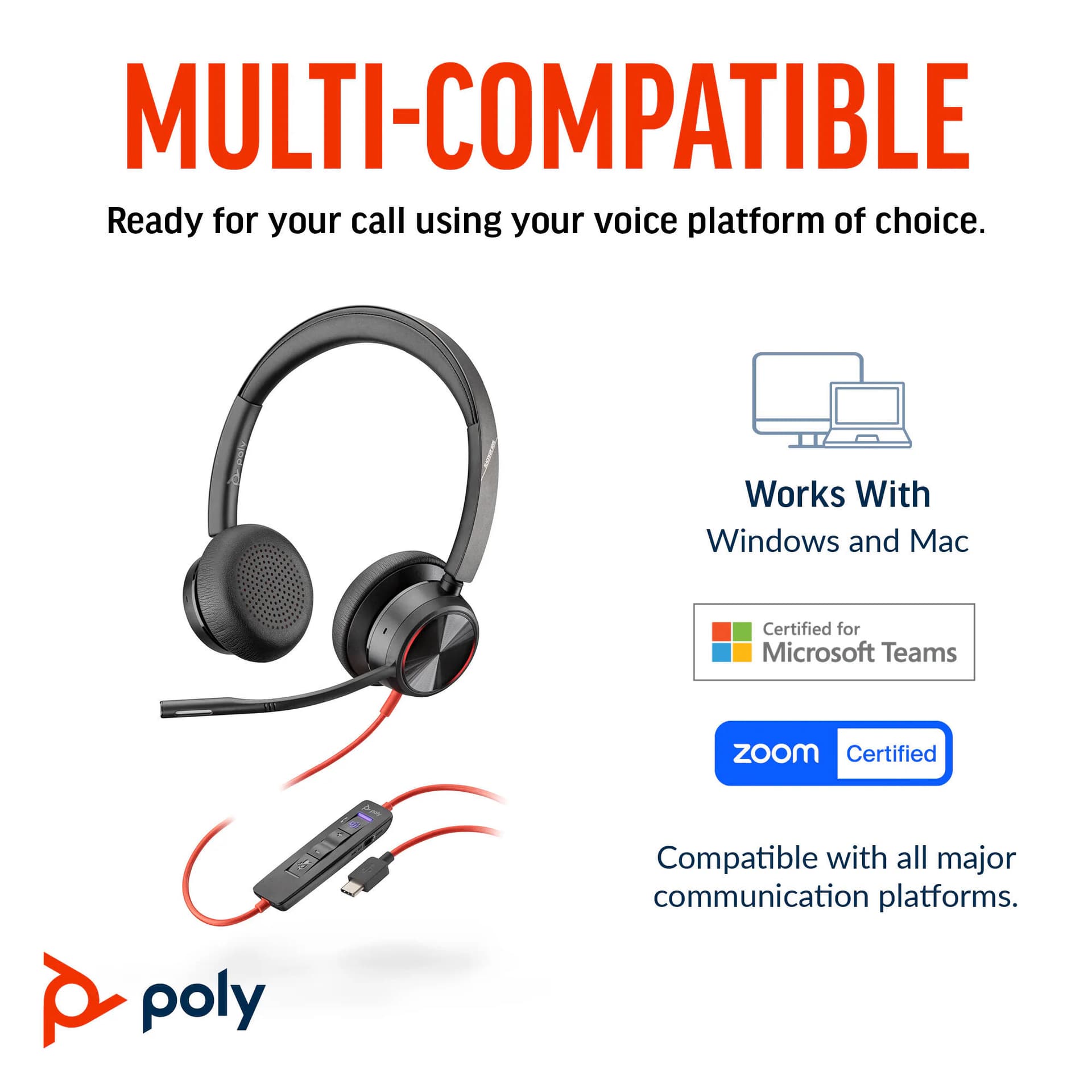 Poly Blackwire 8225 stereo USB-C headset with boom microphone and Microsoft Teams certification