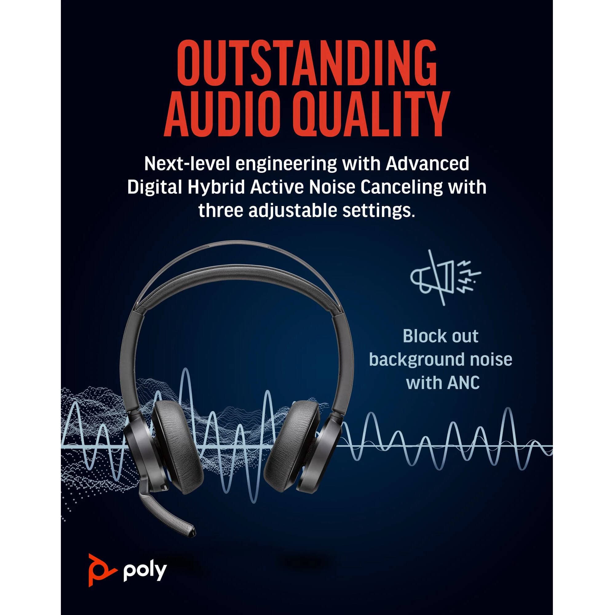 Poly VF2 USB-C wired headset package with USB-C and USB-C/A connectivity for business use