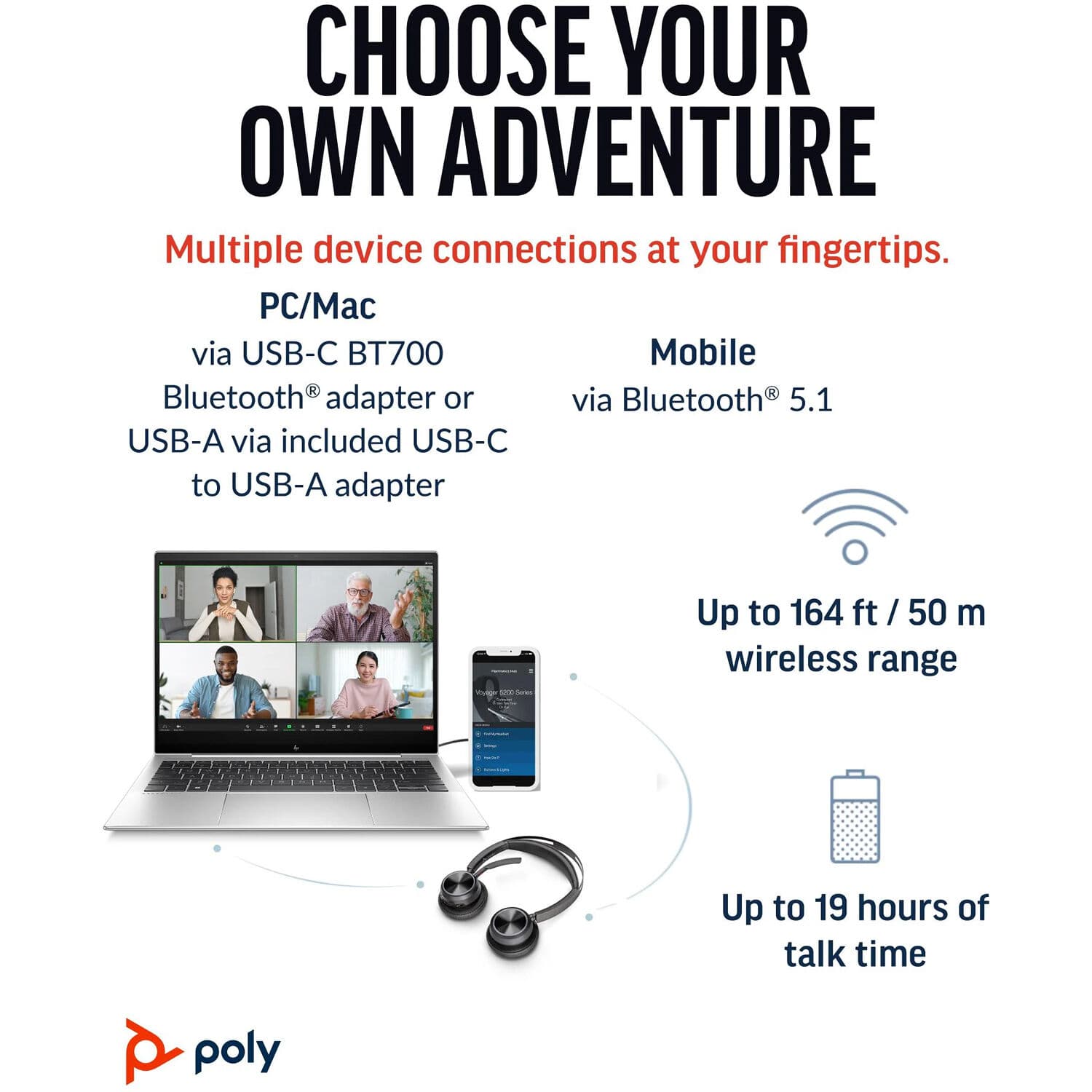 Poly Voyager Focus 2 headset bundle with USB-C and USB-A connectivity plus charging support